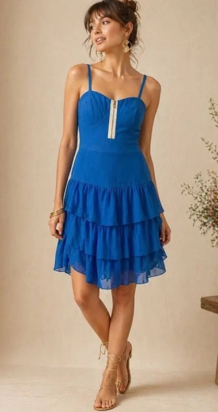 Walter Baker Bright Blue Tiered Ruffle Mini Dress Removable Straps Women’s M